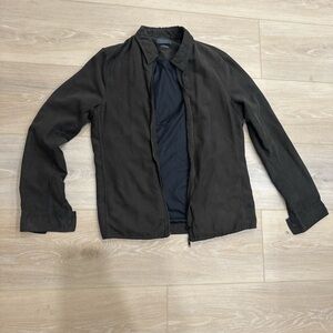 Dark green olive color,  lightweight bomber jacket with a relaxed fit